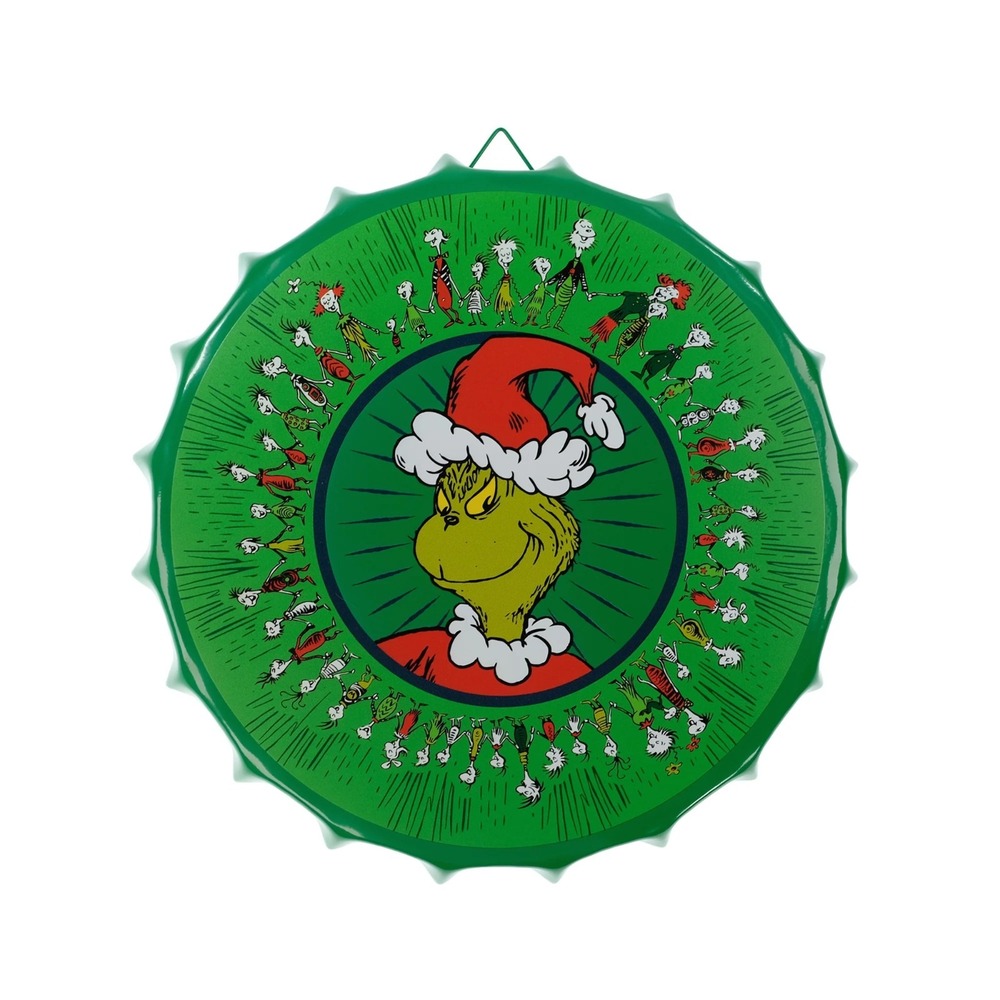 11.6 Inch Round The Grinch Dr. Seuss Green Metal Bottle Cap Christmas Sign